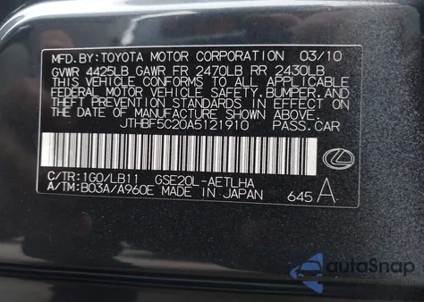 2010 Lexus Is 250 from USA, damaged, VIN JTHBF5C20A5121910
